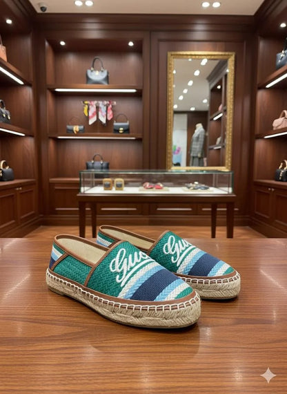 GUCCI ||Script Logo Canvas Espadrilles - Striped Nautical Summer Slip-Ons