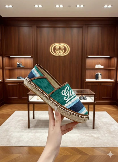 GUCCI ||Script Logo Canvas Espadrilles - Striped Nautical Summer Slip-Ons