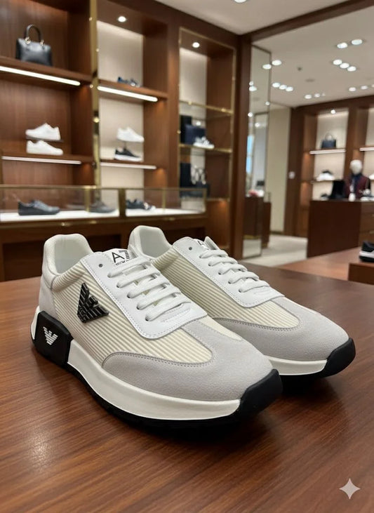 EMP*RIO ARMNI || Mixed-Media Low-Top Sneakers with Eagle Logo Hardware and Ribbed Fabric