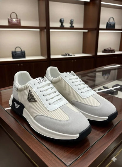 EMP*RIO ARMNI || Mixed-Media Low-Top Sneakers with Eagle Logo Hardware and Ribbed Fabric