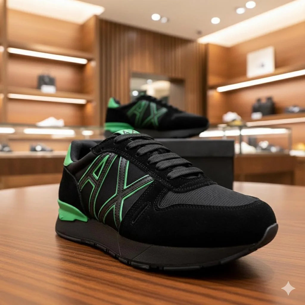 ARM*NI EXCH*NGE || Men’s Logo Patch Suede & Mesh Sneakers - Black/Lime Green