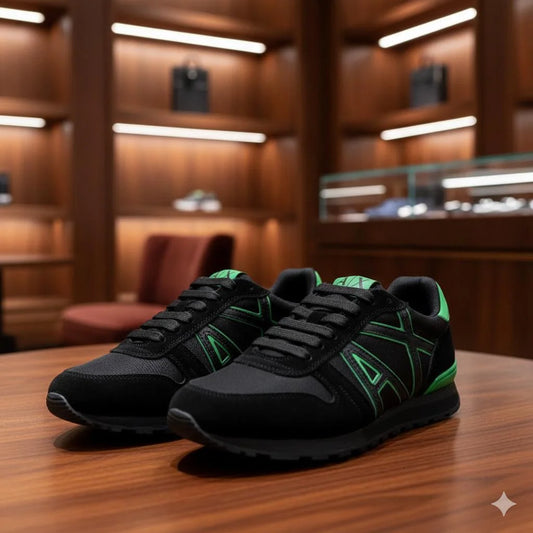 ARM*NI EXCH*NGE || Men’s Logo Patch Suede & Mesh Sneakers - Black/Lime Green