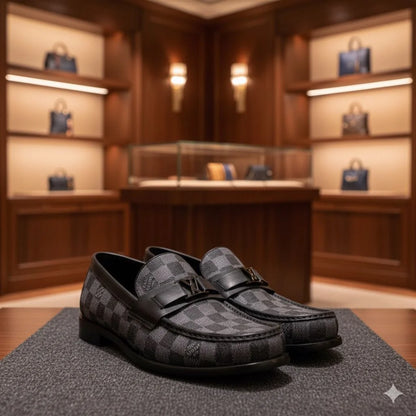 LOUIS VUITTON || Men's Damier Cobalt Canvas Loafers with LV Initial Hardware