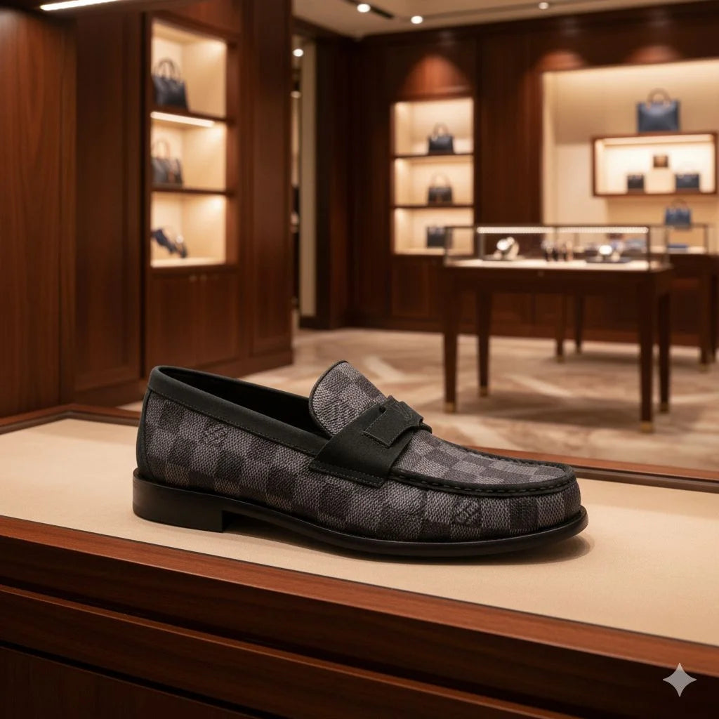 LOUIS VUITTON || Men's Damier Cobalt Canvas Loafers with LV Initial Hardware