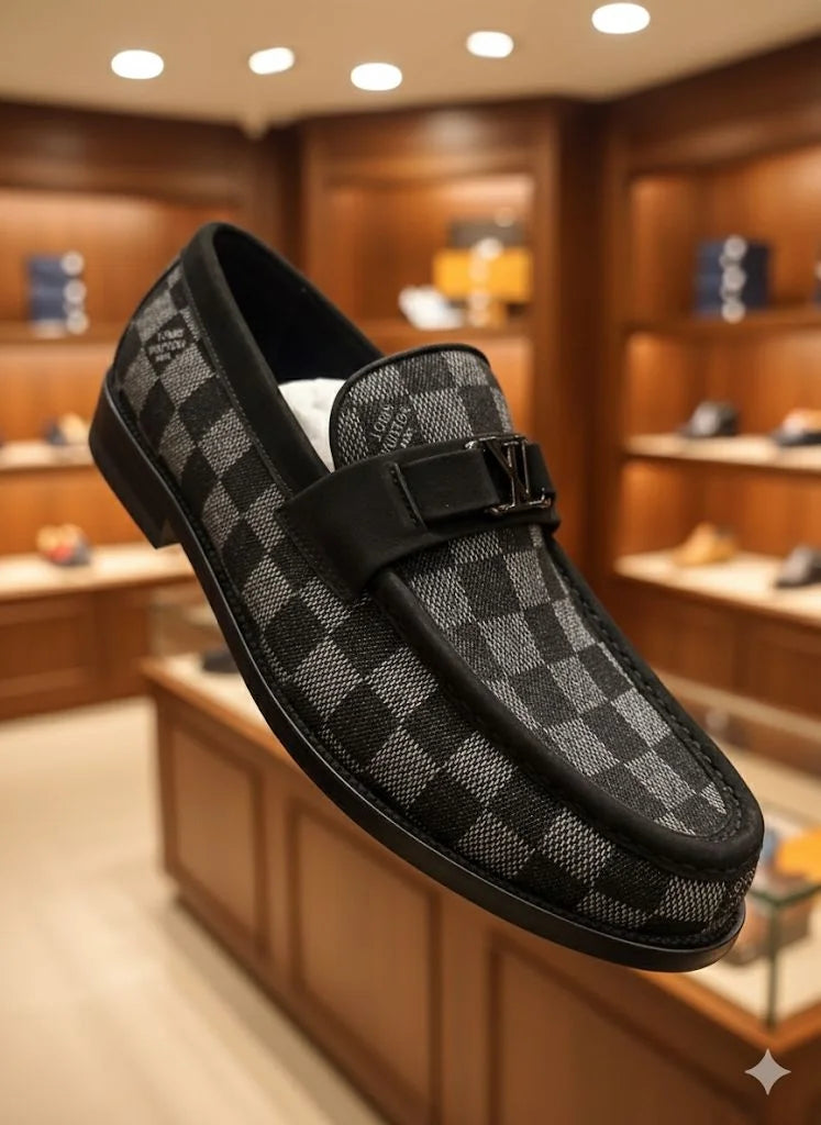 LOUIS VUITTON || Men's Damier Cobalt Canvas Loafers with LV Initial Hardware
