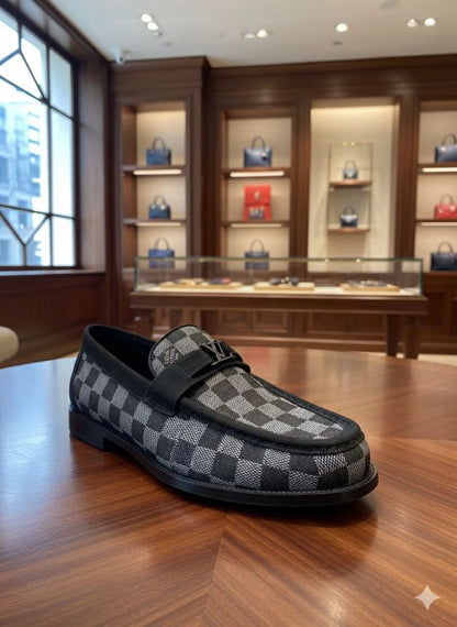 LOUIS VUITTON || Men's Damier Cobalt Canvas Loafers with LV Initial Hardware