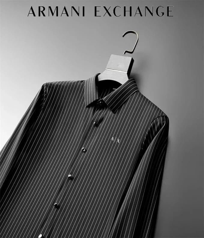 ARM*NI EXCH*NGE || Men’s Slim-Fit Pinstripe Button-Down Shirt in Black/White