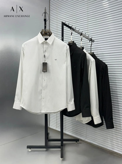 ARM*NI EXCH*NGE || Men’s Slim-Fit Pinstripe Button-Down Shirt in Black/White