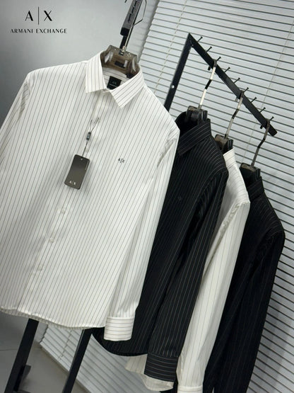 ARM*NI EXCH*NGE || Men’s Slim-Fit Pinstripe Button-Down Shirt in Black/White