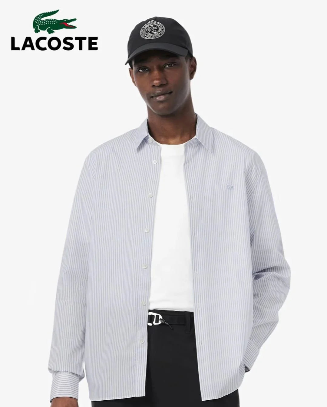 LACOSTE || Men's Long Sleeve Button-Down Shirt, Striped Oxford Style with Tonal Crocodile Logo