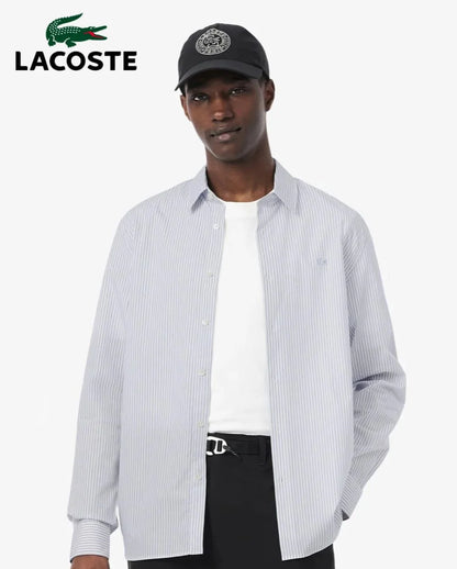 LACOSTE || Men's Long Sleeve Button-Down Shirt, Striped Oxford Style with Tonal Crocodile Logo