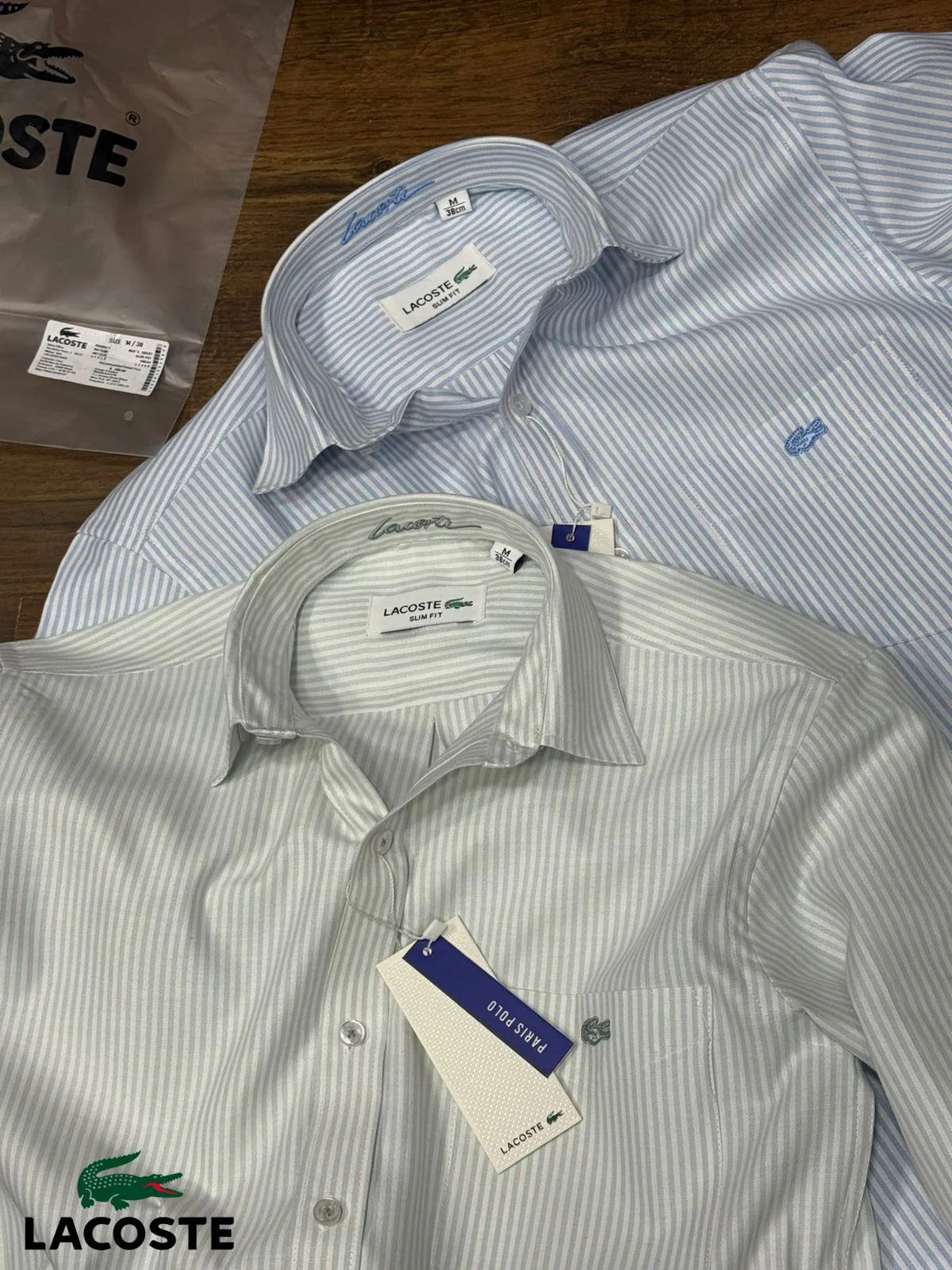 LACOSTE || Men's Long Sleeve Button-Down Shirt, Striped Oxford Style with Tonal Crocodile Logo