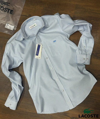 LACOSTE || Men's Long Sleeve Button-Down Shirt, Striped Oxford Style with Tonal Crocodile Logo