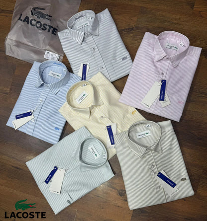 LACOSTE || Men's Long Sleeve Button-Down Shirt, Striped Oxford Style with Tonal Crocodile Logo