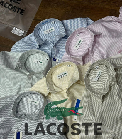 LACOSTE || Men's Long Sleeve Button-Down Shirt, Striped Oxford Style with Tonal Crocodile Logo