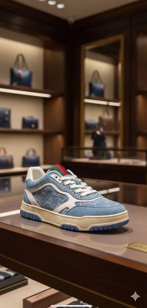 GUCCI || Mac80 GG Supreme Denim & Leather Sneakers (Blue/White)