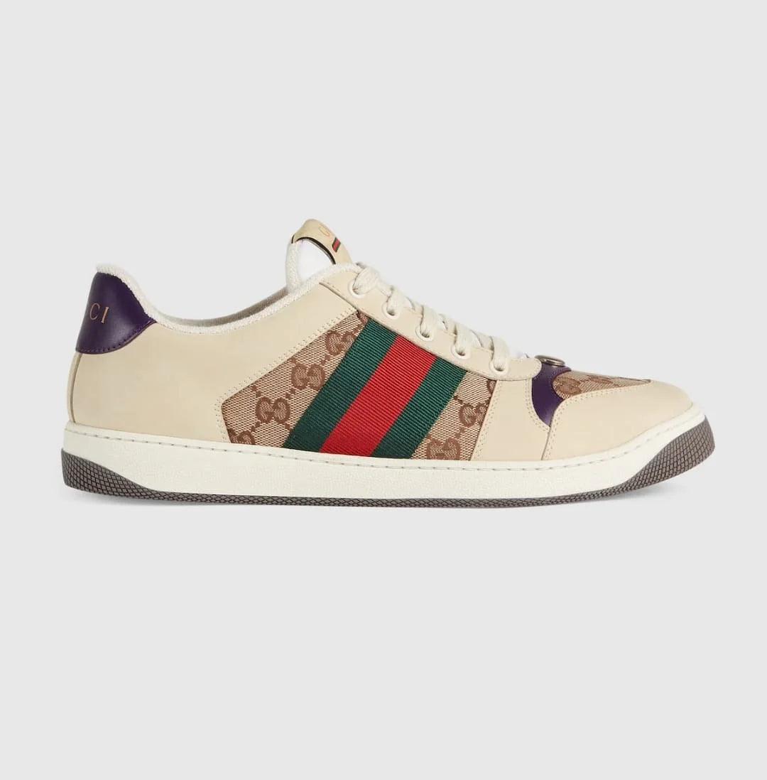 GUCCI || Screener Sneakers in GG Supreme Canvas and Beige Leather with Signature Green & Red Web Stripe