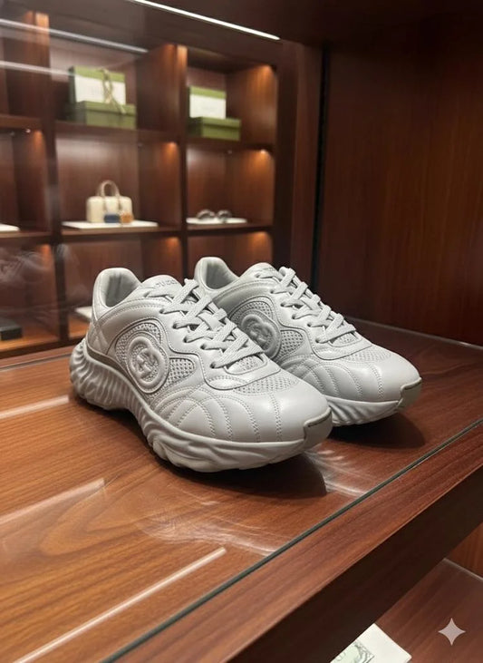 GUCCI || Grey Leather & Mesh Sneakers with Interlocking G Detail