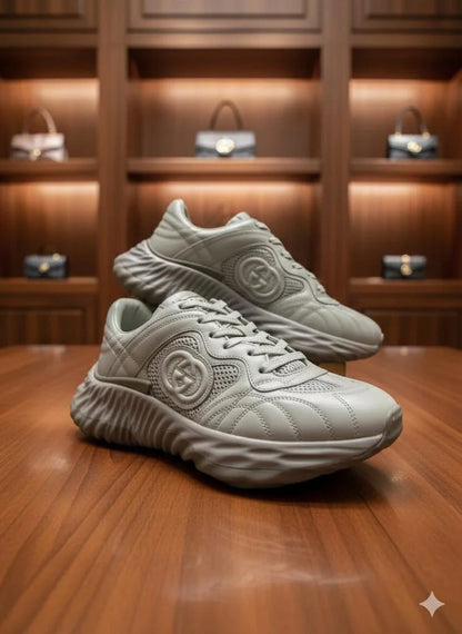 GUCCI || Grey Leather & Mesh Sneakers with Interlocking G Detail