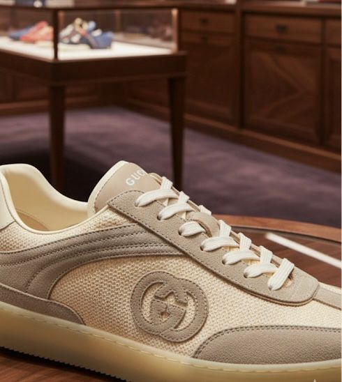 GUCCI || Men's Interlocking G Mesh and Suede Low-Top Sneakers - Beige/Ebony