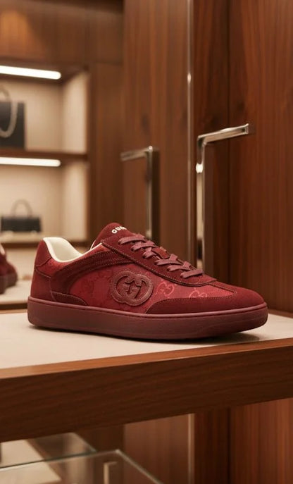 GUCCI || B Sneaker in Rosso Ancora GG Canvas and Suede