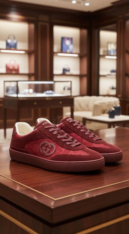 GUCCI || B Sneaker in Rosso Ancora GG Canvas and Suede