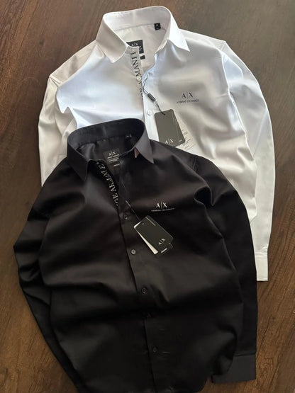 ARM*NI EXCH*NGE || Men's Slim-Fit Logo Detail Dress Shirt - White/Black