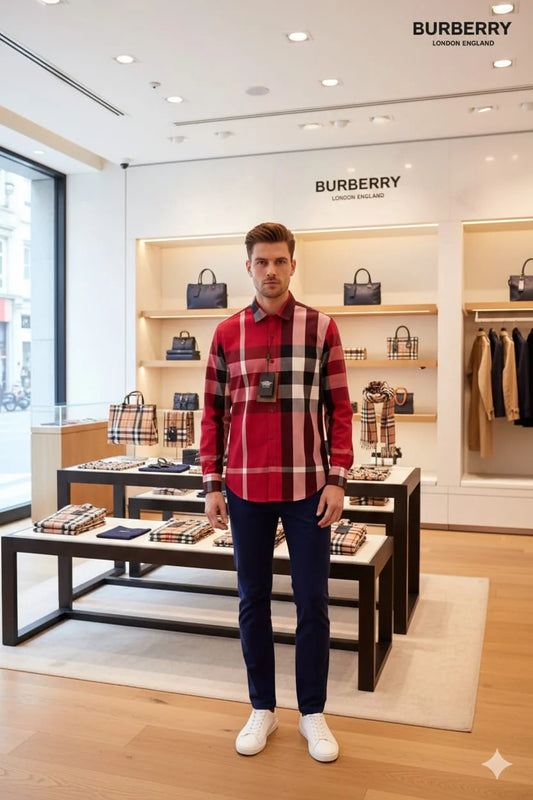 BURBERRY || Men’s Red Oversized Check Cotton Poplin Button-Down Shirt