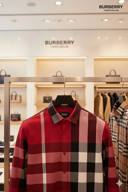 BURBERRY || Men’s Red Oversized Check Cotton Poplin Button-Down Shirt