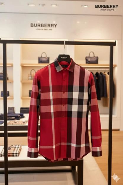 BURBERRY || Men’s Red Oversized Check Cotton Poplin Button-Down Shirt