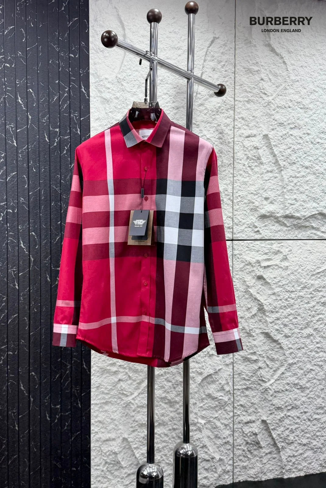 BURBERRY || Men’s Red Oversized Check Cotton Poplin Button-Down Shirt