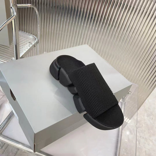 BALENCIAGA || Speed Graffiti Knit Slipper Slide - Black Monogram Logo