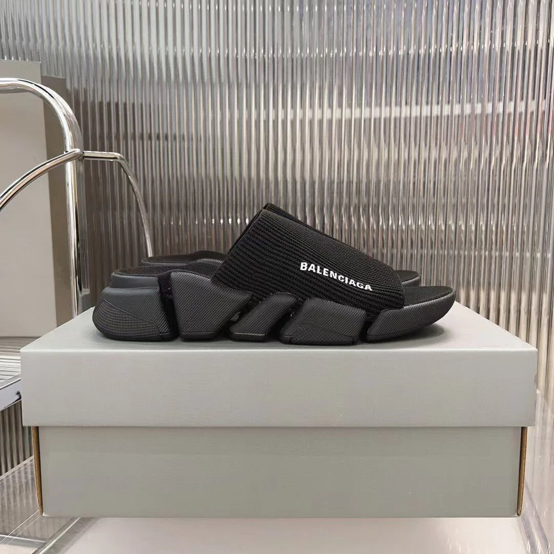 BALENCIAGA || Speed Graffiti Knit Slipper Slide - Black Monogram Logo