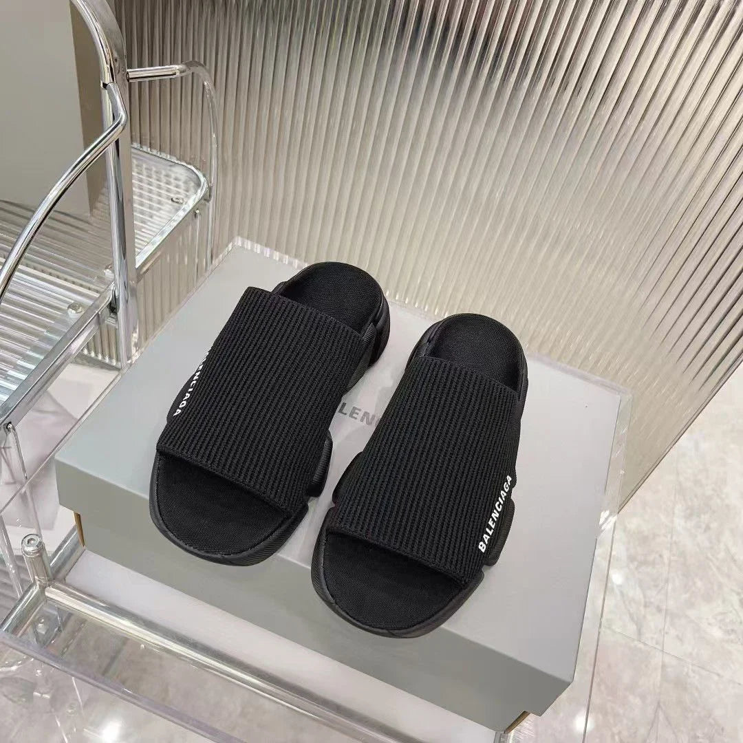 BALENCIAGA || Speed Graffiti Knit Slipper Slide - Black Monogram Logo