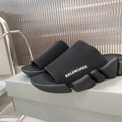 BALENCIAGA || Speed Graffiti Knit Slipper Slide - Black Monogram Logo