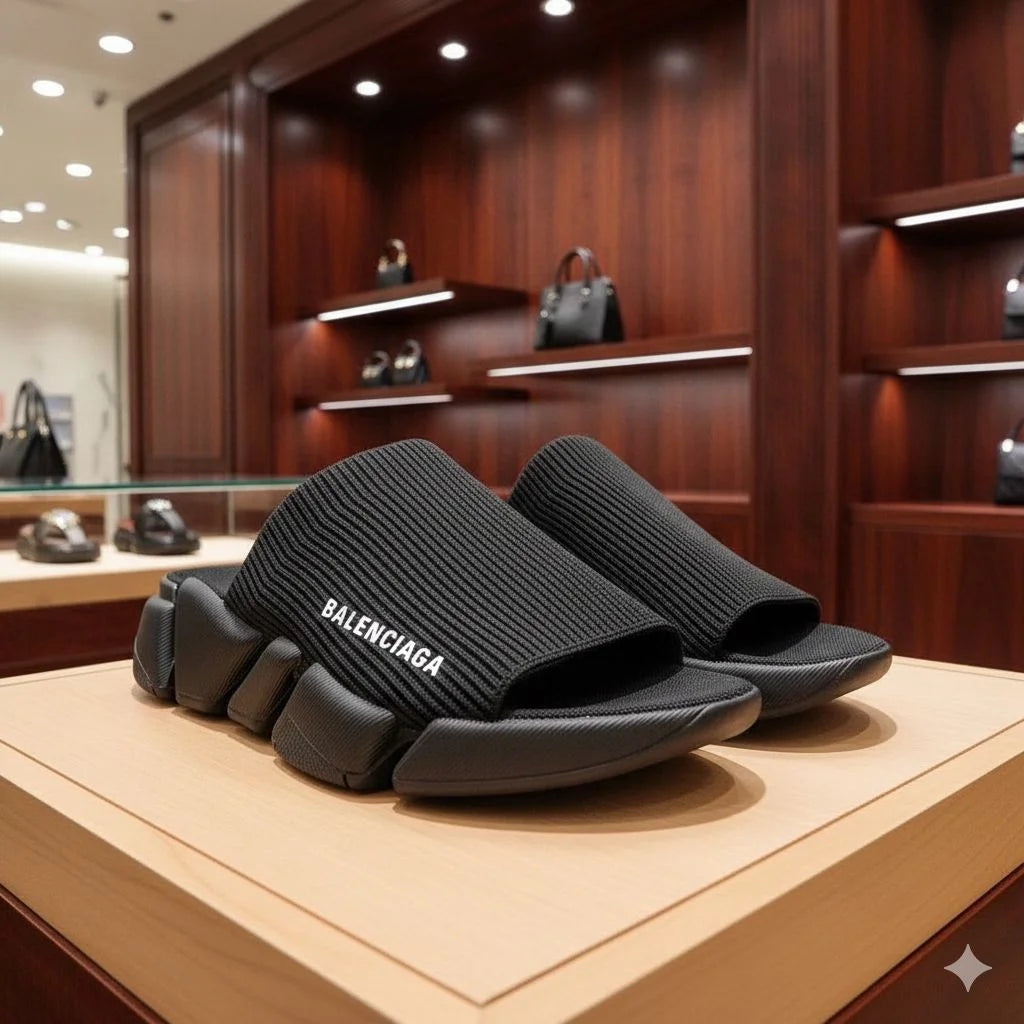 BALENCIAGA || Speed Graffiti Knit Slipper Slide - Black Monogram Logo