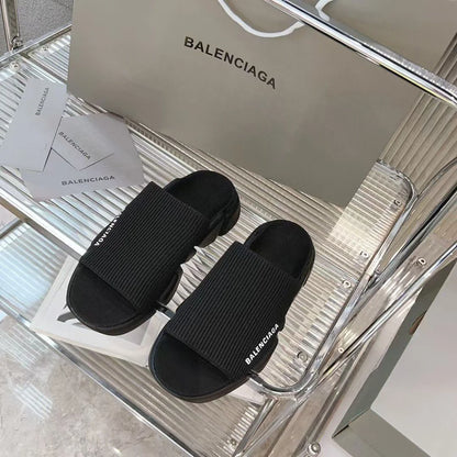 BALENCIAGA || Speed Graffiti Knit Slipper Slide - Black Monogram Logo
