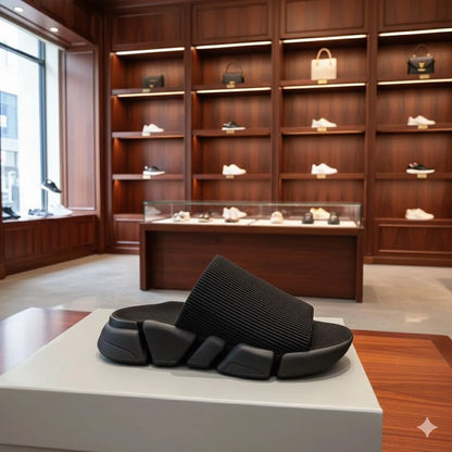 BALENCIAGA || Speed Graffiti Knit Slipper Slide - Black Monogram Logo