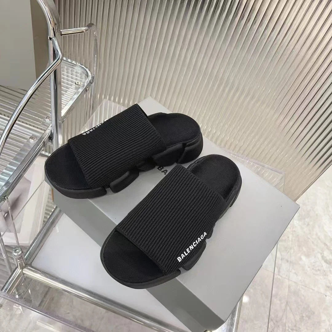 BALENCIAGA || Speed Graffiti Knit Slipper Slide - Black Monogram Logo