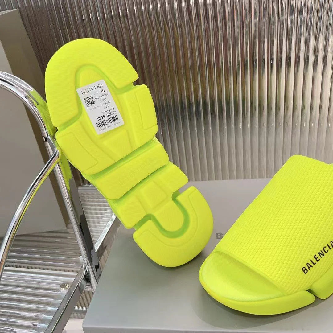 BALENCIAGA || Neon Yellow Speed Knit Slipper with Segmented Sole