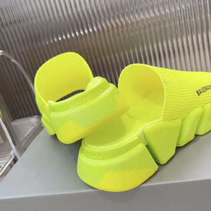 BALENCIAGA || Neon Yellow Speed Knit Slipper with Segmented Sole