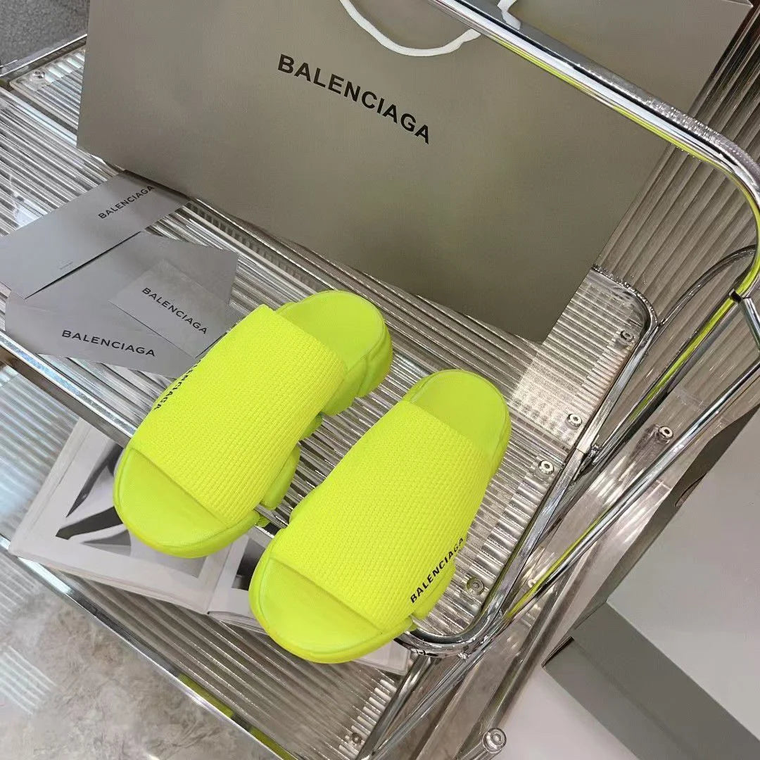BALENCIAGA || Neon Yellow Speed Knit Slipper with Segmented Sole