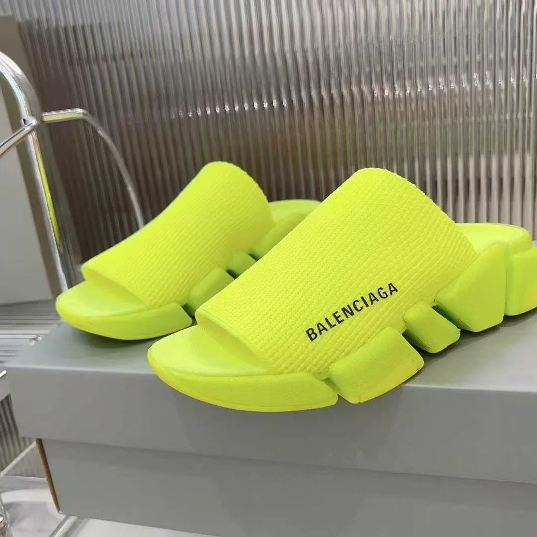 BALENCIAGA || Neon Yellow Speed Knit Slipper with Segmented Sole