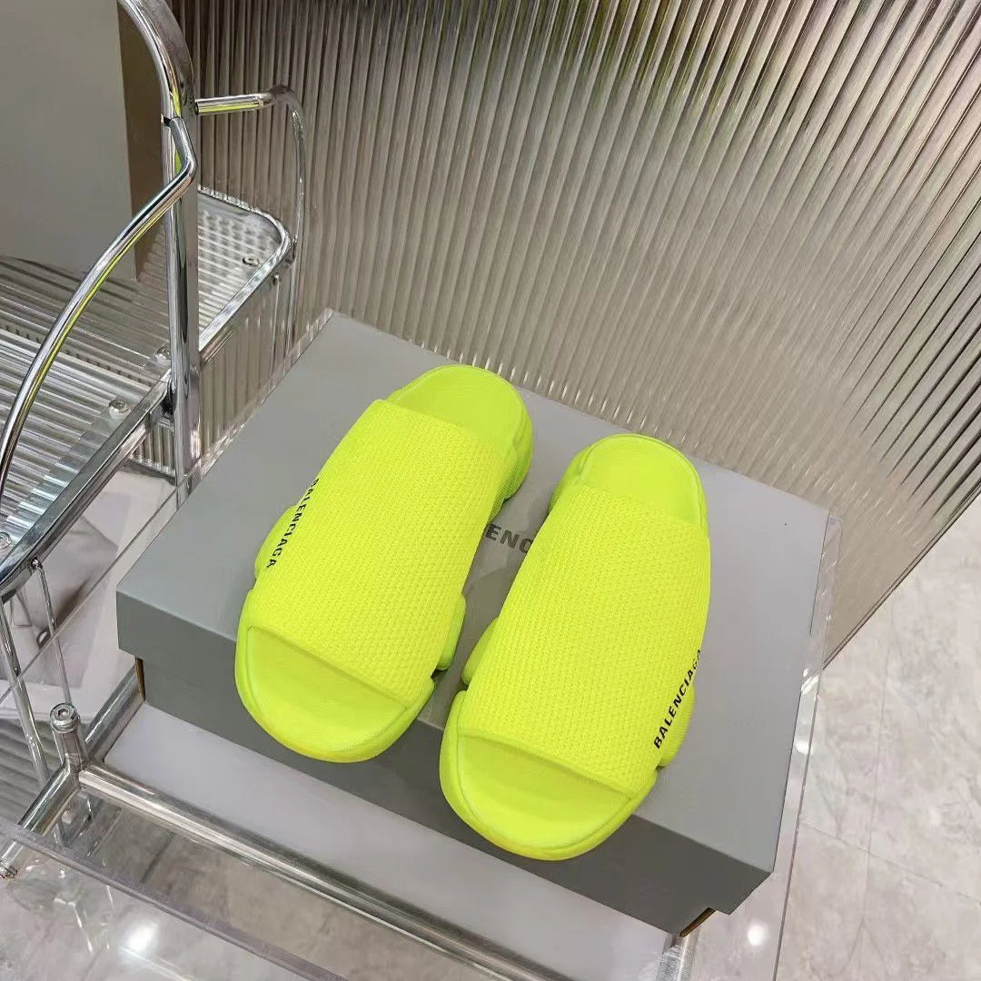 BALENCIAGA || Neon Yellow Speed Knit Slipper with Segmented Sole