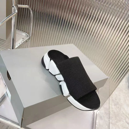 BALENCIAGA || Speed Sneaker Hybrid Slide – Black Ribbed Knit with Articulated Contrast Sole