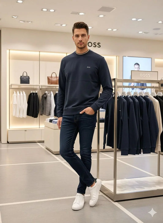 HUGO BOSS || Men's Crew Neck Long Sleeve Sweatshirt - Navy Blue