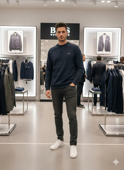 HUGO BOSS || Men's Crew Neck Long Sleeve Sweatshirt - Navy Blue