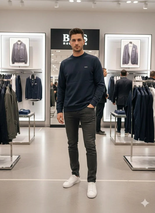 HUGO BOSS || Men's Crew Neck Long Sleeve Sweatshirt - Navy Blue