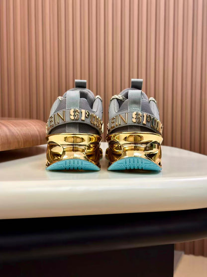 PHILIPP PLEIN || Sport Men's Thunder Gold Metallic & Grey Technical Mesh Sneakers - FASHION MYST