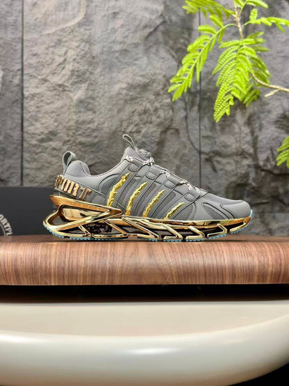 PHILIPP PLEIN || Sport Men's Thunder Gold Metallic & Grey Technical Mesh Sneakers - FASHION MYST